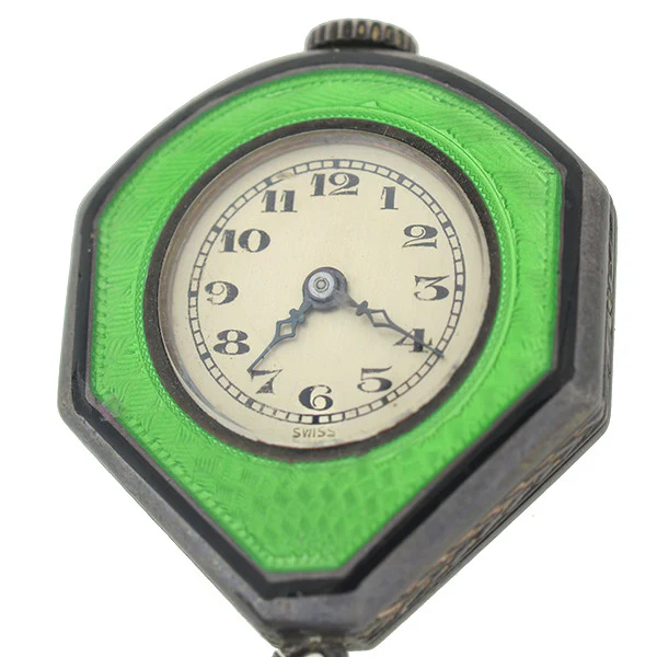 Art Deco Sterling Guilloche Enamel & Marcasite Watch Pin - Image 3