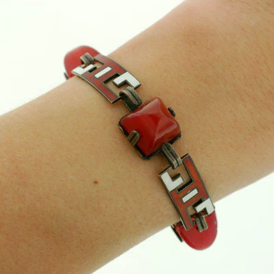 Art Deco Sterling Carnelian & Enamel Bracelet - Image 9